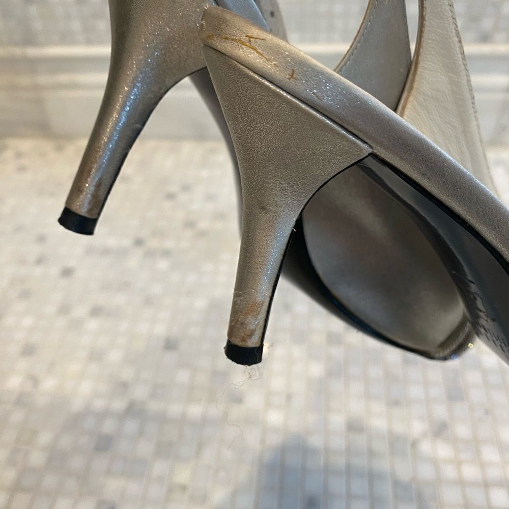 Stuart Weitzman Silver Slingback Heels with Sequin Straps - Picture 11 of 12